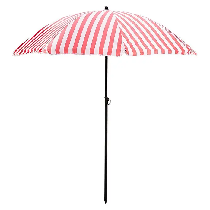 Strandschirm - Weiß/Pink, Durchmesser Bespannung: 180 cm - Rot-weiß gestreifter Sonnenschirm mit schwarzem Ständer.