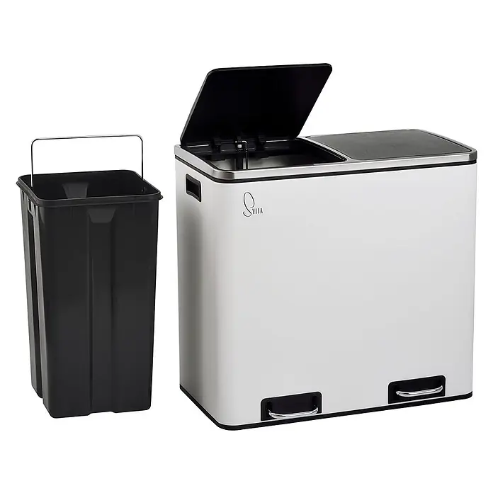 SVITA Treteimer TM2X24 - 48 l, Metall, Weiß - Weißer Doppel-Tretmülleimer, schwarze Deckel, Edelstahlakzente. Schwarzer Inneneimer separat gezeigt.