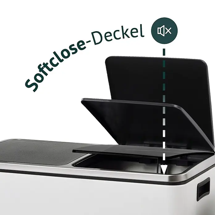 SVITA Treteimer TM2X24 - 48 l, Metall, Weiß - Weiß-silberner Abfalleimer mit schwarzem Softclose-Deckel, teilweise geöffnet zur Demonstration der leisen Funktion.