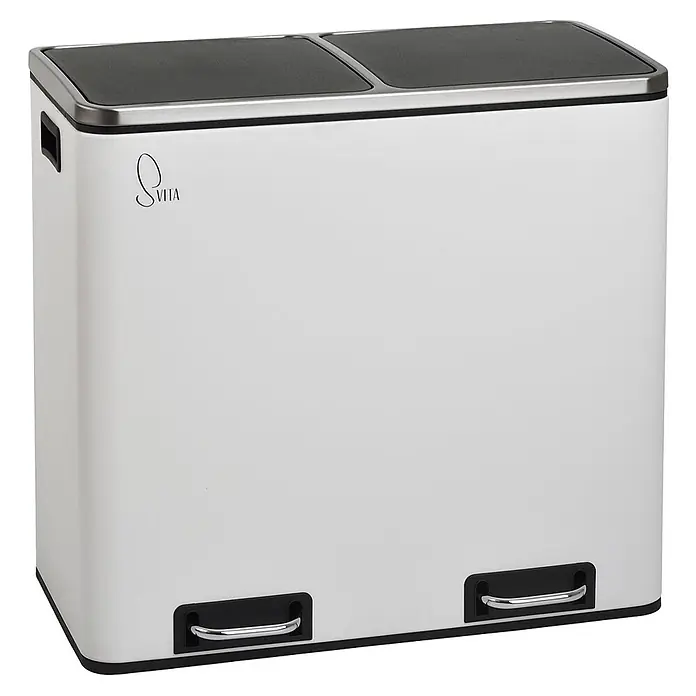 SVITA Treteimer TM2X24 - 48 l, Metall, Weiß - Weißer Doppel-Tretmülleimer mit schwarzen Deckeln und Chrompedalen zur Mülltrennung.