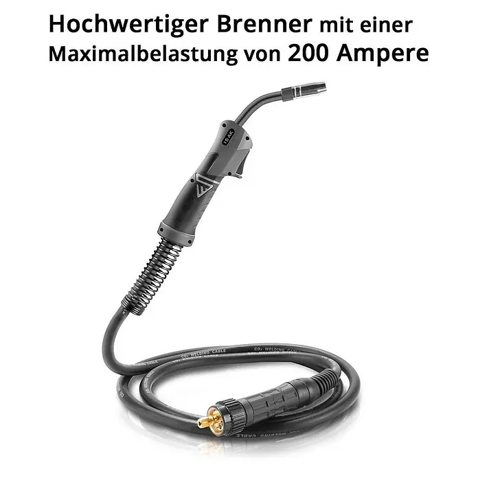 STAHLWERK MIG/MAG-Schweißbrenner Schweißbrenner MIG MAG AK15/MB15 5m Schlauchpaket -  - Schwarzer und grauer MIG/CO2-Schweißbrenner mit gewickeltem Kabel und goldenem Anschluss, für 200 Ampere.