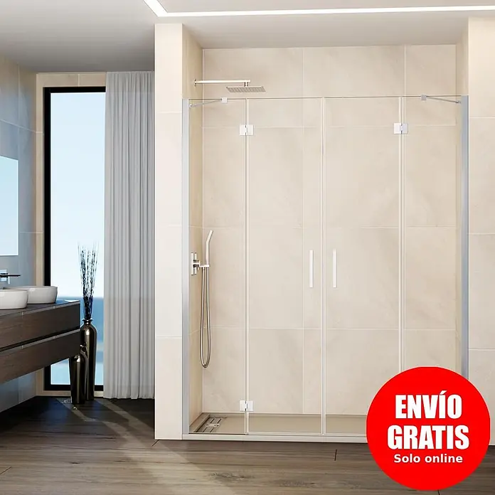 GME Mampara de ducha frontal Glass - 235 x 195 cm, Cromo, An x Al: 235 cm (50+70+70+50), 195 cm - Mampara de ducha de cristal con marco cromado en un baño moderno con azulejos claros.