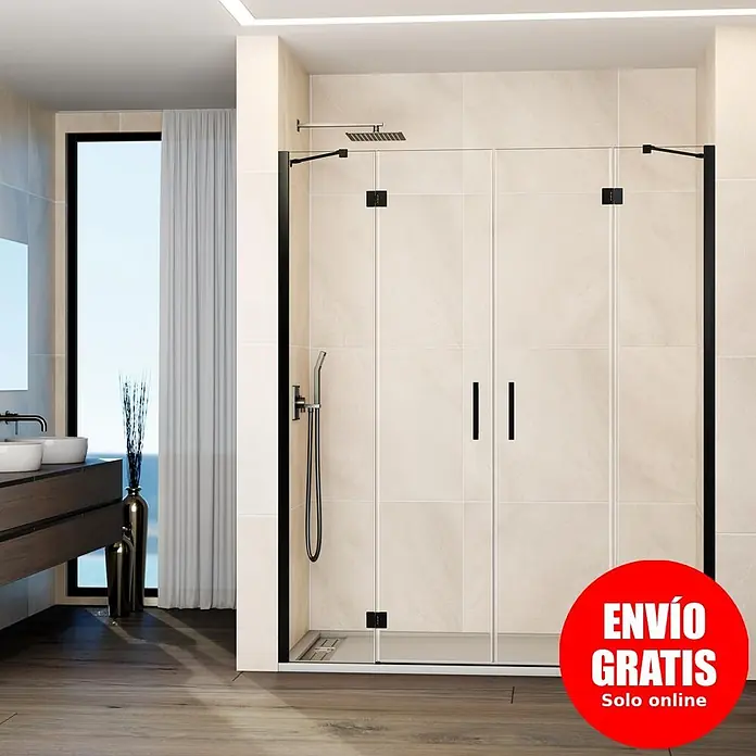 GME Mampara de ducha frontal Glass - 235 x 195 cm, Titanio, An x Al: 235 cm (50+70+70+50), 195 cm - Mampara de ducha de cristal transparente con marco negro instalada en un baño moderno, con rociador y ducha de mano.