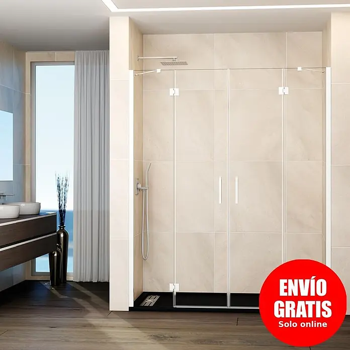 GME Mampara de ducha frontal Glass - 235 x 195 cm, Blanco, An x Al: 235 cm (50+70+70+50), 195 cm - Mampara de ducha de cristal moderna con herrajes cromados y plato de ducha negro, instalada en un baño alicatado.