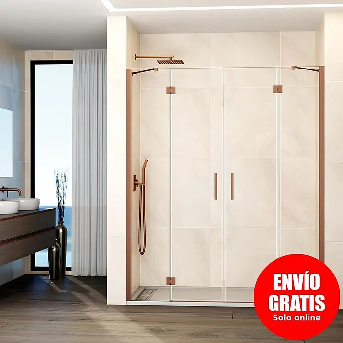 GME Mampara de ducha frontal Glass - 235 x 195 cm, Cobre, An x Al: 235 cm (50+70+70+50), 195 cm - Mampara de ducha moderna con marco color cobre y sistema de ducha a juego, en un baño contemporáneo.