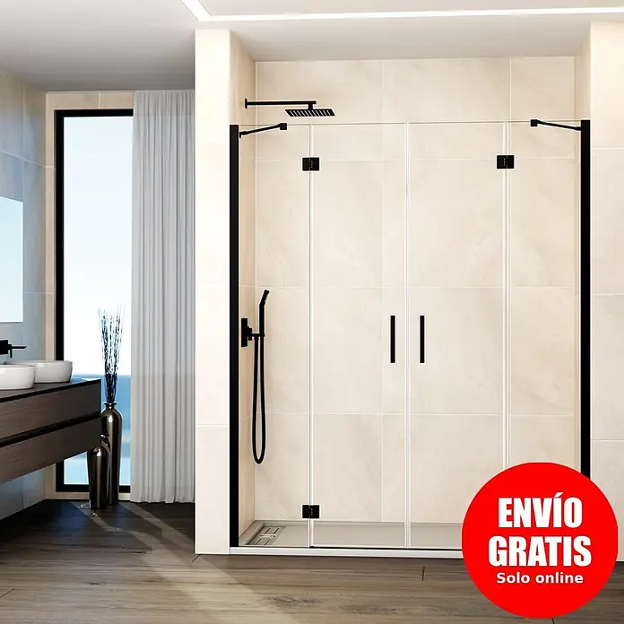GME Mampara de ducha frontal Glass - 235 x 195 cm, Espesor de vidrio: 8 mm, Negro, An x Al: 235 cm (50+70+70+50), 195 cm - Mampara de ducha de cristal transparente con marco negro y sistema de ducha negro mate en baño moderno.