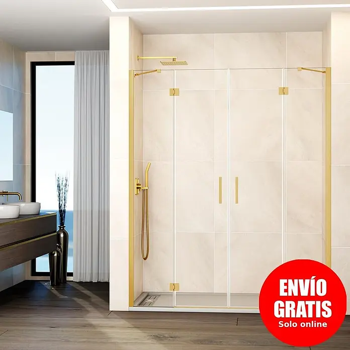 GME Mampara de ducha frontal Glass - 235 x 195 cm, Oro, An x Al: 235 cm (50+70+70+50), 195 cm - Mampara de ducha con marco dorado y puertas de cristal transparente en un baño moderno.