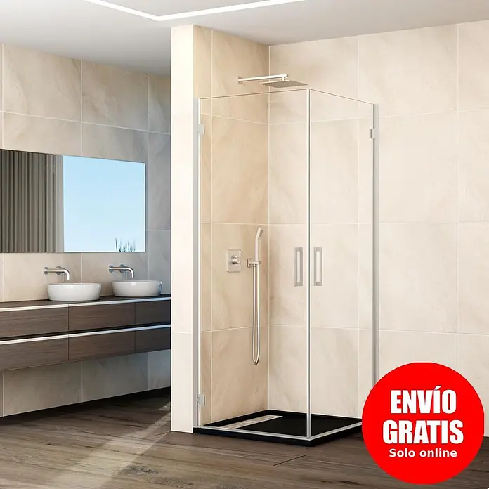 GME Mampara de ducha esquinera Glass K - L x An x Al: 40 x 65 x 195 cm, Nickel - Mampara de ducha de esquina moderna con paneles de cristal transparente, accesorios cromados y plato negro.