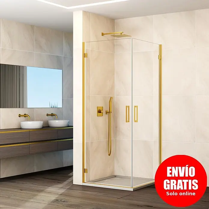 GME Mampara de ducha esquinera Glass K - L x An x Al: 45 x 80 x 195 cm, Oro - Baño moderno con mampara de ducha de cristal con marco dorado y grifería dorada.