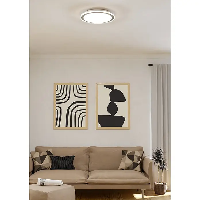 Eglo Plafón LED redondo Semovigo - 18 W, Ø x Al: 40 x 6 cm, Blanco/Negro, Blanco neutro - Moderna lámpara de techo LED redonda con marco gris plata y difusor blanco, que ilumina un salón contemporáneo.