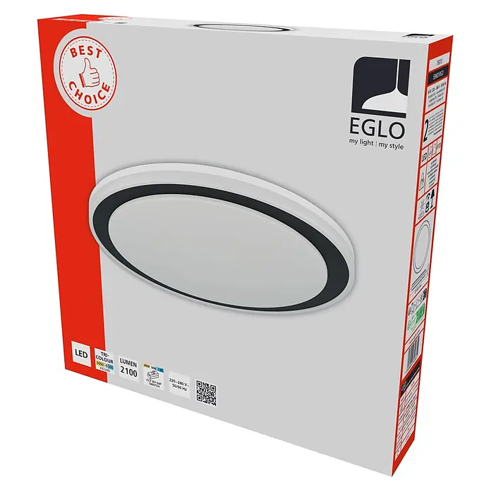 Eglo Plafón LED redondo Semovigo - 18 W, Ø x Al: 40 x 6 cm, Blanco/Negro, Blanco neutro - Caja de luminaria LED EGLO, gris/roja, mostrando una luminaria redonda blanca. Destaca: distintivo 'BEST CHOICE', 'TRI-COLOUR', '2100 Lúmenes'.