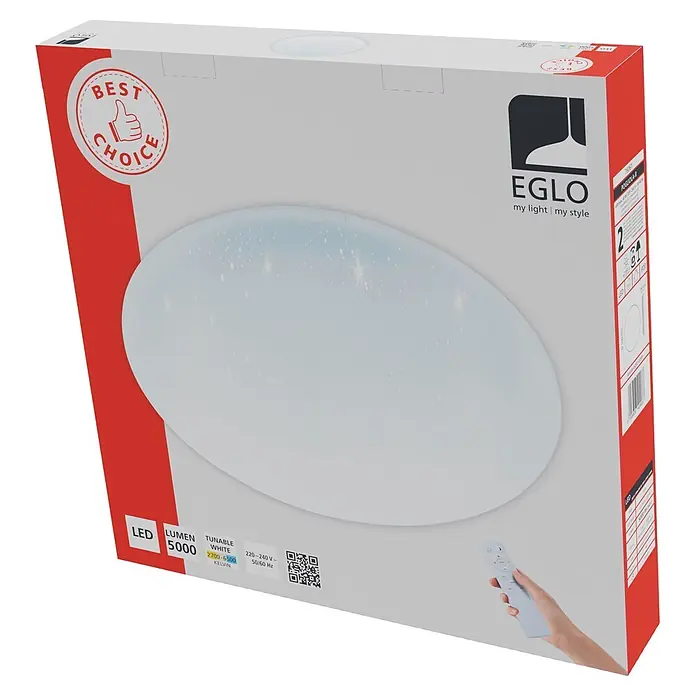 Eglo Plafón LED redondo Pogliola - 43 W, Ø x Al: 50 x 7,5 cm, Blanco, Blanco neutro - Caja de plafón LED EGLO, blanca y roja, que muestra una luz LED blanca sintonizable con mando a distancia.