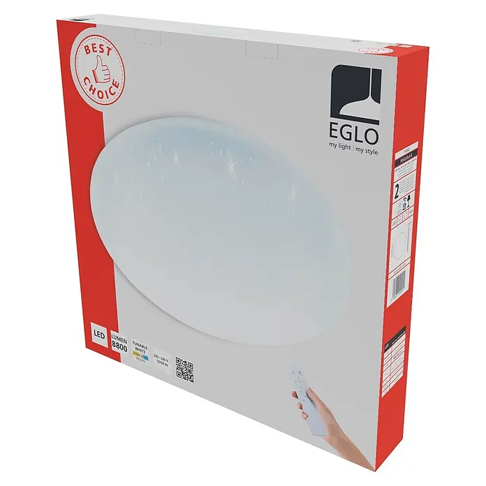 Eglo Plafón LED redondo Pogliola - 69 W, Ø x Al: 58 x 7,5 cm, Blanco, Blanco neutro - Caja de producto para lámpara de techo LED EGLO con blanco ajustable (2700-6500K) y 8800 lúmenes, muestra efecto estrellado y mando.