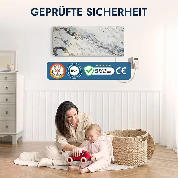 Marwona Infrarotheizkörper Infrarotheizung - B x H: 20 x 1.000 mm, 800 W, Qarama 800 Watt Smart Home - Wandmontiertes Infrarotheizpaneel mit Marmormuster und Sicherheitszertifikaten, inkl. IP34 und 5 Jahren Garantie, in einer häuslichen Umgebung.