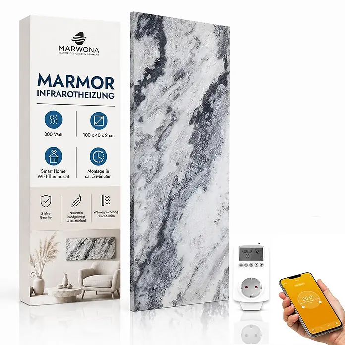 Marwona Infrarotheizkörper Infrarotheizung - B x H: 20 x 1.000 mm, 800 W, Qarama 800 Watt Smart Home - Marmor-Infrarotheizung mit smartem WLAN-Thermostat und App zur Temperaturregelung.