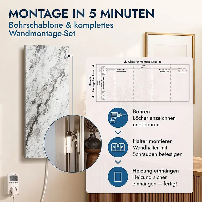 Marwona Infrarotheizkörper Infrarotheizung - B x H: 20 x 1.000 mm, 800 W, Qarama 800 Watt Smart Home - Weißes Heizpaneel mit Marmormuster an der Wand, verbunden mit Thermostat. Inklusive Bohrschablone und 3-Schritt-Montageanleitung für einfache Installation.