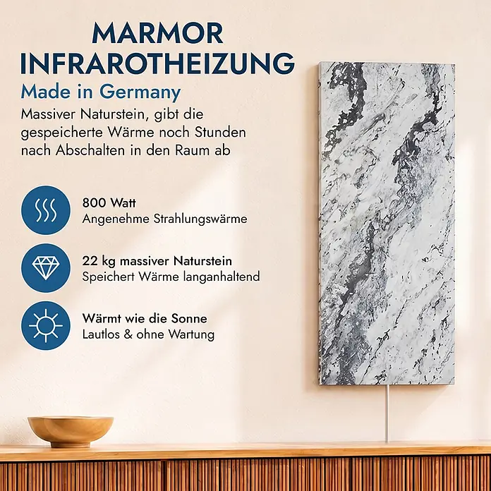 Marwona Infrarotheizkörper Infrarotheizung - B x H: 20 x 1.000 mm, 800 W, Qarama 800 Watt Smart Home - Wandmontierte Infrarotheizung aus weiß-grauem Marmor.