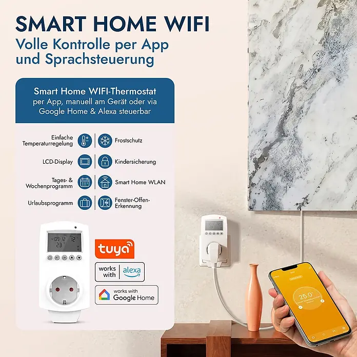 Marwona Infrarotheizkörper Infrarotheizung - B x H: 20 x 1.000 mm, 800 W, Qarama 800 Watt Smart Home - Weißes Smart Home WLAN-Thermostat in Steckdose, steuerbar per Smartphone-App und Sprachassistenten.
