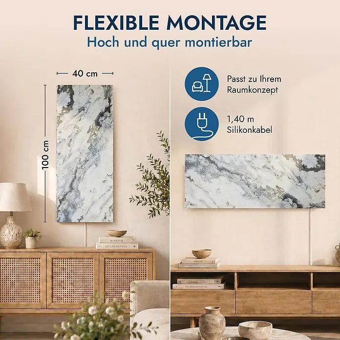 Marwona Infrarotheizkörper Infrarotheizung - B x H: 20 x 1.000 mm, 800 W, Qarama 800 Watt Smart Home - Rechteckiges Heizpaneel (100x40 cm) in Marmoroptik, vertikal und horizontal montiert gezeigt, mit flexiblem Einbau und 1,40m Silikonkabel.