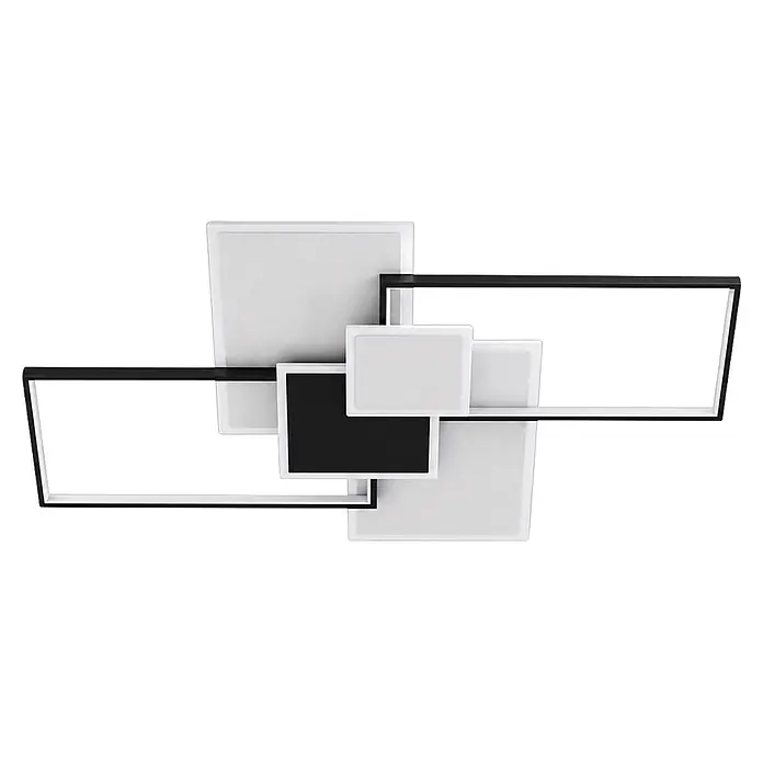 Panaled Plafón LED Osaka - 120 W, Negro / Blanco, Blanco neutro - Sistema modular de estanterías de pared con marcos abiertos negros y cajas de exhibición rectangulares y cuadradas sólidas blancas/gris claro.