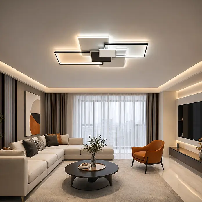 Panaled Plafón LED Osaka - 120 W, Negro / Blanco, Blanco neutro - Lámpara de techo LED moderna con paneles geométricos blancos y negros, que ilumina una sala de estar contemporánea.