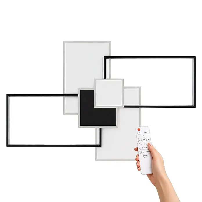 Panaled Plafón LED Osaka - 120 W, Negro / Blanco, Blanco neutro - Plafón LED geométrico moderno con paneles negros, blancos y grises entrelazados, controlado por un mando a distancia.