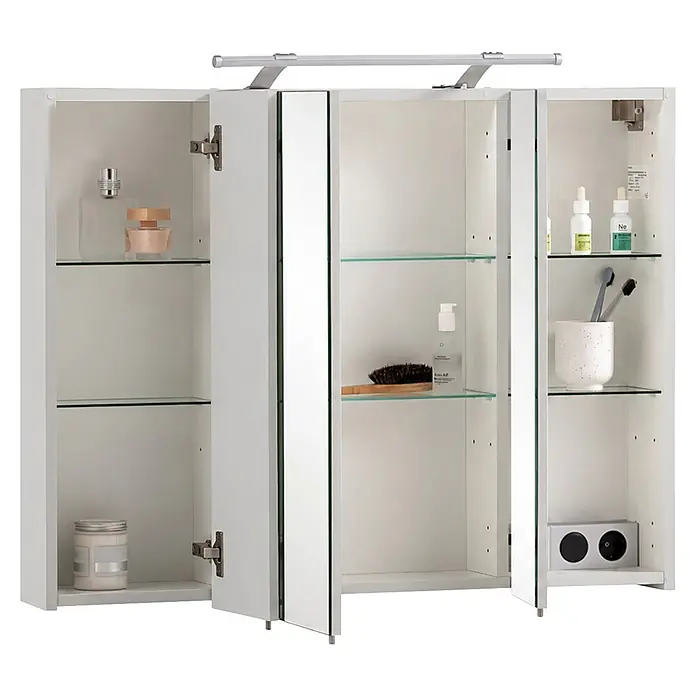 Schildmeyer Dorina LED-Spiegelschrank - B x H: 90 x 75 cm, Holz, Weiß Glänzend - Diagonale Ansicht