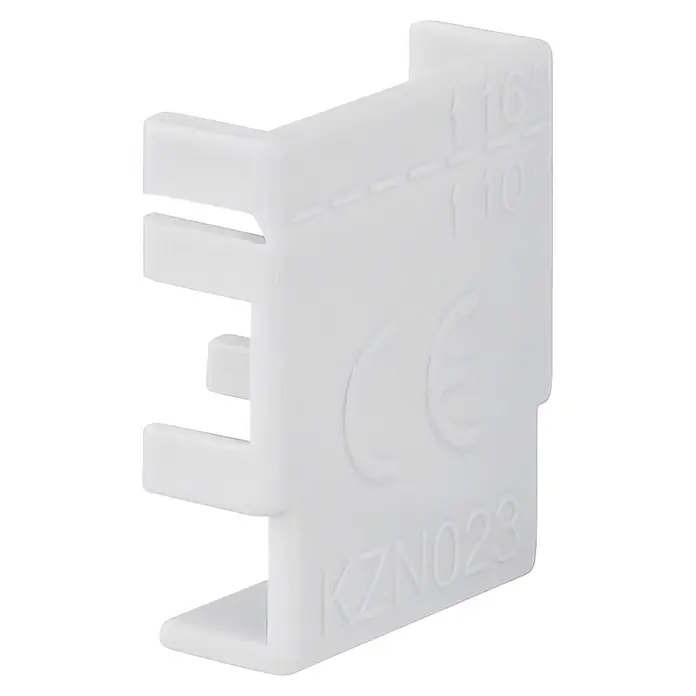 Hager Phasenschiene Endkappe - Weiß - Weißes Kunststoffbauteil mit seitlichen Vorsprüngen und Prägungen 'CE', 'KZN023', '16', '10'.