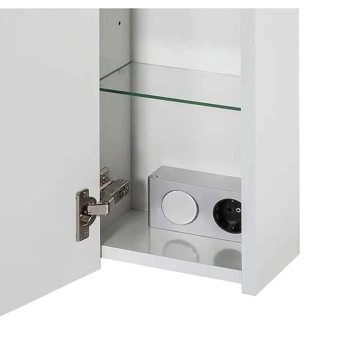 Schildmeyer LED-Spiegelschrank Look - B x H: 70 x 75 cm, Holz, Weiß - Offener weißer Schrank mit Glasboden und integrierter silberner Steckdose.