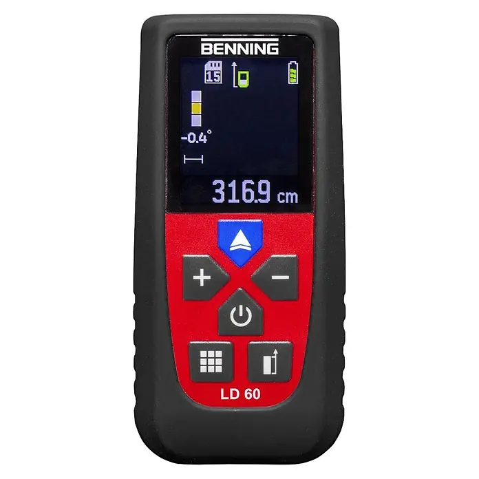 Benning Laserentfernungsmesser LD 60 Pro - Rot - Schwarz-roter BENNING LD 60 Laser-Entfernungsmesser mit Digitalanzeige von 316.9 cm und Funktionstasten.