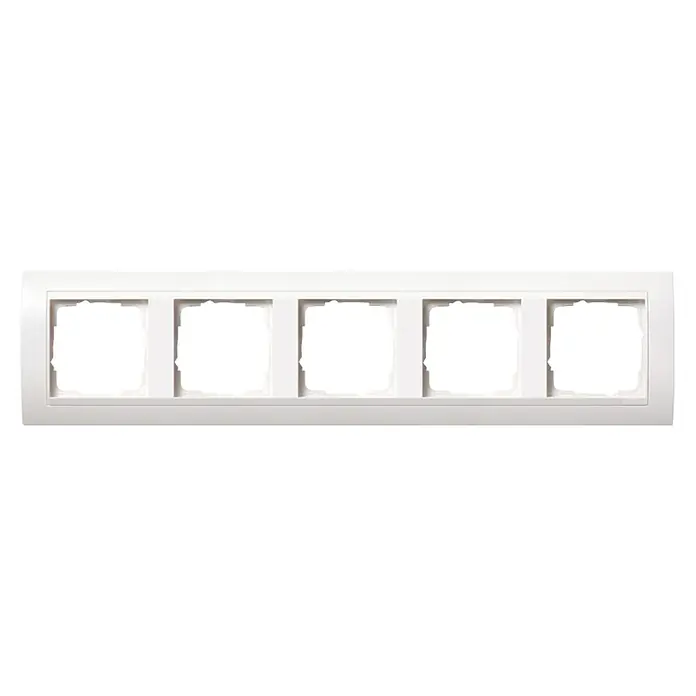 Gira Event Abdeckrahmen 215327 - Reinweiß, Kunststoff - Weißer Elektrorahmen mit fünf leeren rechteckigen Öffnungen für Schalter oder Module.
