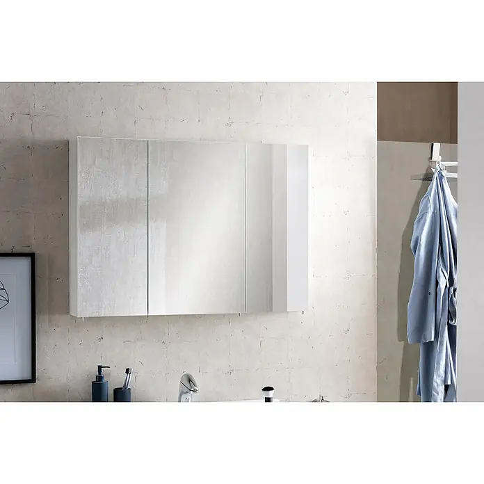 Schildmeyer Spiegelschrank Basic - B x H: 90 x 70,7 cm, Holz - Moderner Badezimmerschrank mit drei Spiegeltüren und einer weißen Seitenplatte, über einem Waschbecken montiert.