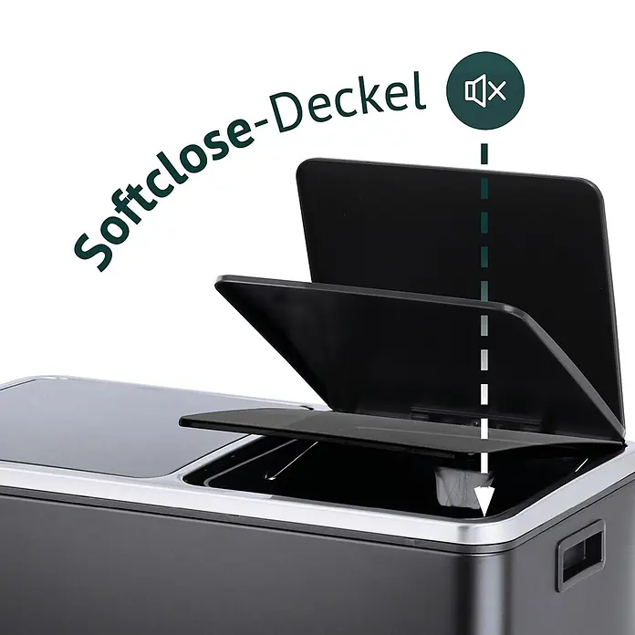 SVITA Treteimer TM2X30 - 60 l, Metall, Schwarz - Dunkelgrauer Mülleimer mit schwarzem Softclose-Deckel, der geräuschloses Schließen visualisiert.