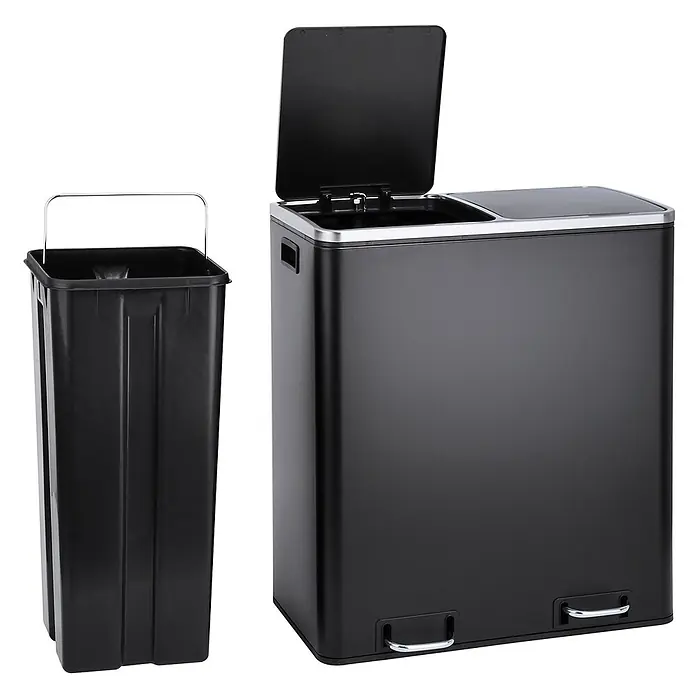 SVITA Treteimer TM2X30 - 60 l, Metall, Schwarz - Schwarzer Dual-Abfalleimer mit herausnehmbarem Inneneimer. Mit zwei Fußpedaldeckeln und Chromakzenten zur Mülltrennung.