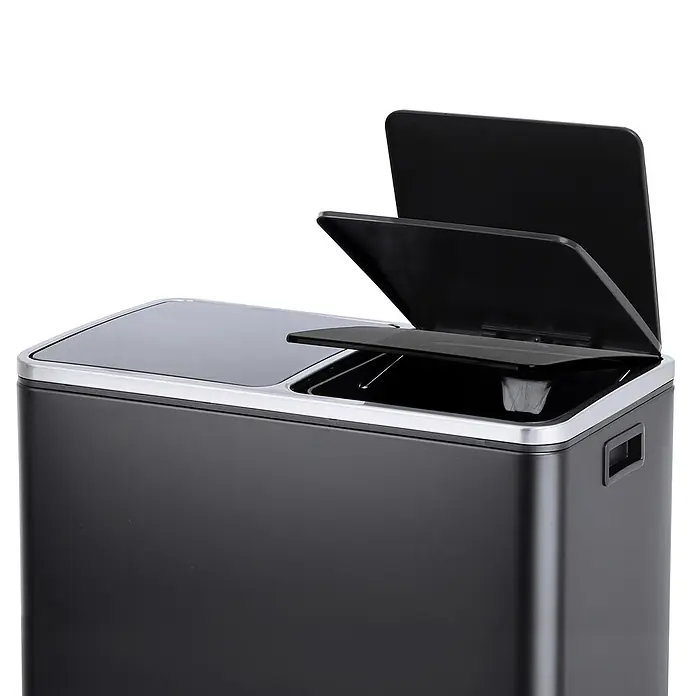 SVITA Treteimer TM2X30 - 60 l, Metall, Schwarz - Dunkelgrauer rechteckiger Mülleimer mit zwei Fächern und silberner Zierleiste, ein Deckel geöffnet, der zwei innere Deckel zeigt.