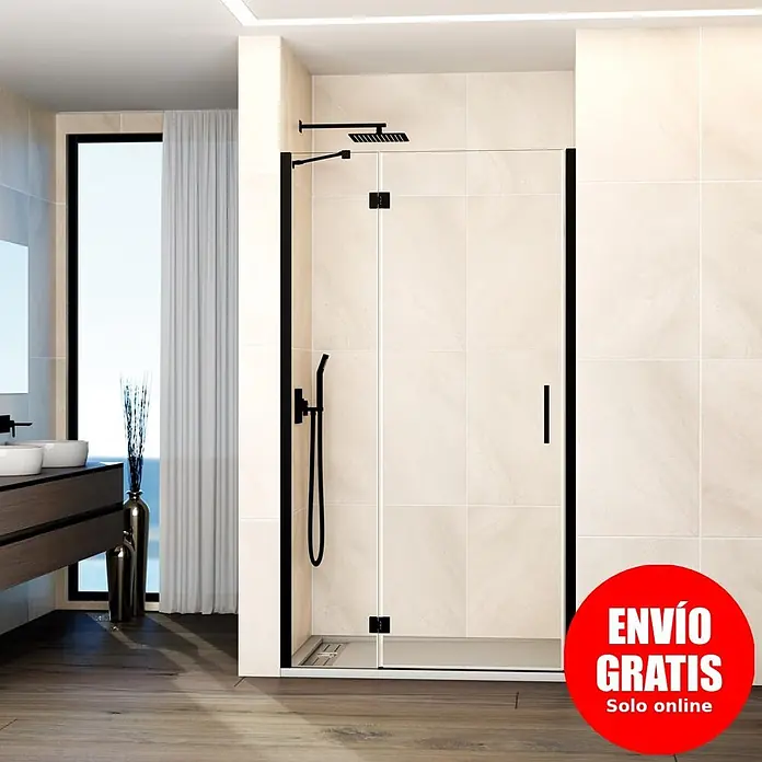 GME Mampara de ducha frontal Glass D - 70 x 195 cm, Espesor de vidrio: 8 mm, Negro, An x Al: 70 (20/50) x 195 cm - Mampara de ducha de cristal con marco negro y sistema de ducha negro dentro, en un baño moderno.