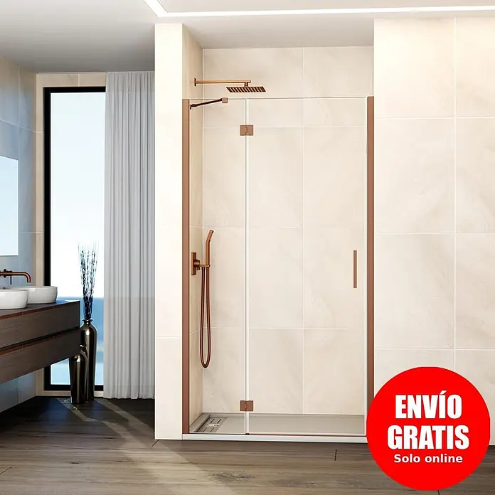 GME Mampara de ducha frontal Glass D - 70 x 195 cm, Cobre, An x Al: 70 (20/50) x 195 cm - Cabina de ducha moderna con cristal transparente y accesorios de bronce en un baño.