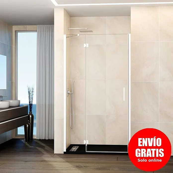 GME Mampara de ducha frontal Glass D - 70 x 195 cm, Blanco, An x Al: 70 (20/50) x 195 cm - Mampara de ducha de cristal moderna con herrajes cromados y plato de ducha negro en un baño.