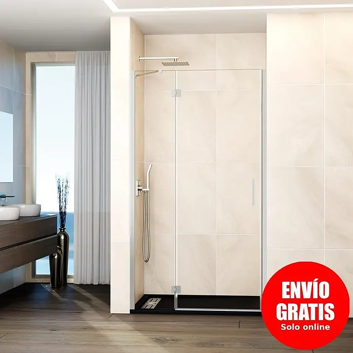 GME Mampara de ducha frontal Glass D - 70 x 195 cm, Nickel, An x Al: 70 (20/50) x 195 cm - Moderna cabina de ducha con puerta de cristal, plato de ducha negro y accesorios cromados en baño alicatado.