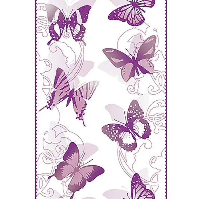 A.S. Création Designpanel pop.up - Violett/Weiß, 35 cm x 2,5 m - Das elegante Design zeigt lila Schmetterlinge auf einem weißen Hintergrund, ideal für stilvolle Raumdekorationen.