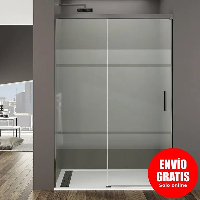 GME Mampara de ducha frontal Basic - 130 x 195 cm, Vidrio serigrafiado, Titanio - Mampara de ducha corredera con paneles de cristal esmerilado y plato de ducha blanco en un baño moderno.