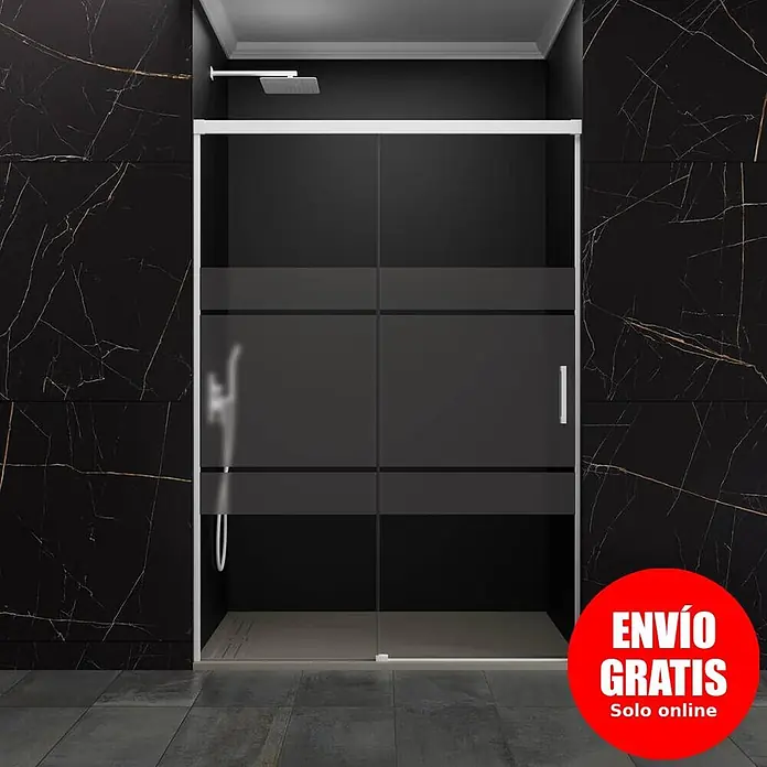 GME Mampara de ducha frontal Basic - 160 x 195 cm, Vidrio serigrafiado, Blanco - Mampara de ducha de cristal con perfiles blancos y franjas esmeriladas en un baño moderno.
