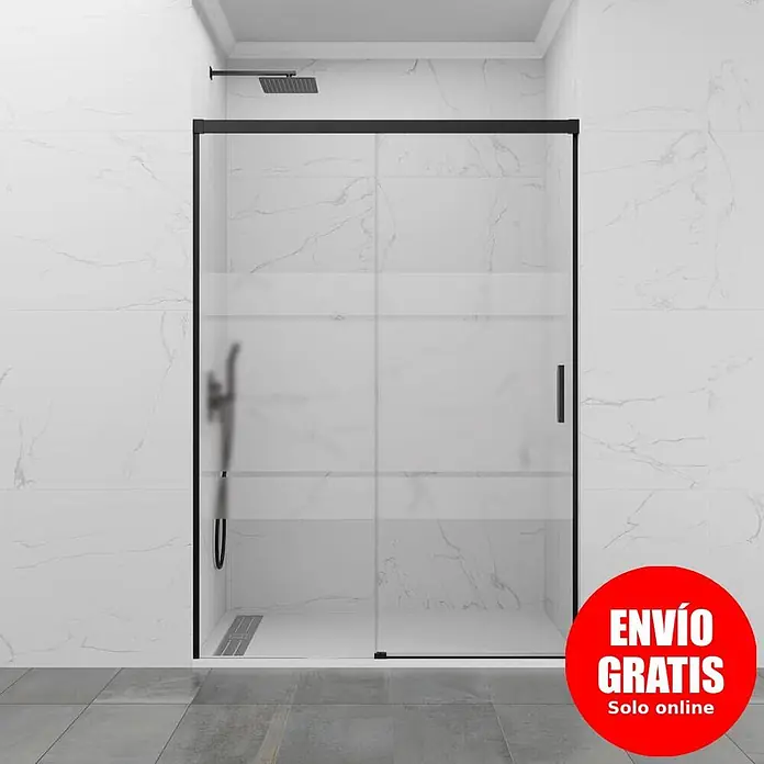GME Mampara de ducha frontal Basic - 130 x 195 cm, Vidrio serigrafiado, Negro - Mampara de ducha corredera con marco negro y paneles de cristal transparente.
