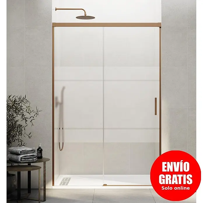 GME Mampara de ducha frontal Basic - 160 x 196 cm, Vidrio serigrafiado, Cobre - Mampara de ducha con marco color cobre y paneles de cristal esmerilado, con rociador a juego, en un baño moderno.