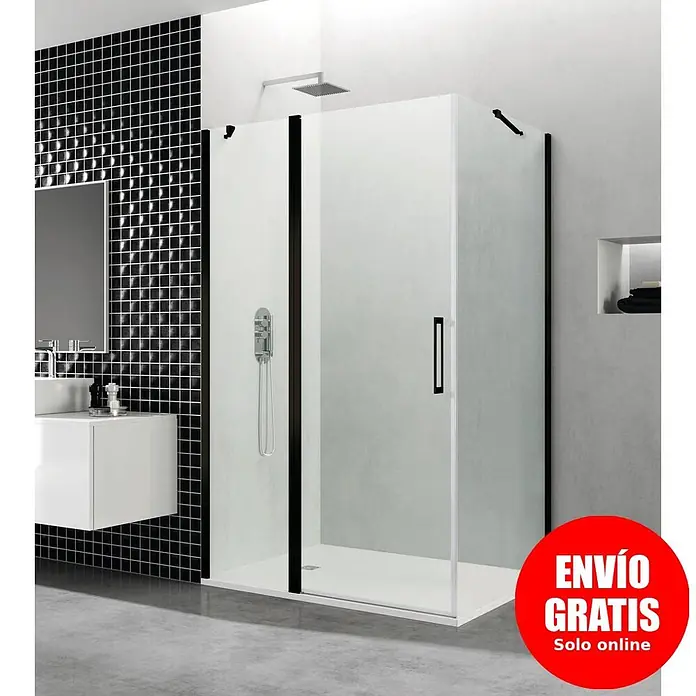 GME Mampara de ducha esquinera Open Combi C - L x An x Al: 70 x 100 x 195 cm, Negro, L x An x Al: 70 x 100 (30/70) x 195 cm - Mampara de ducha con marco negro y plato blanco en un baño moderno.