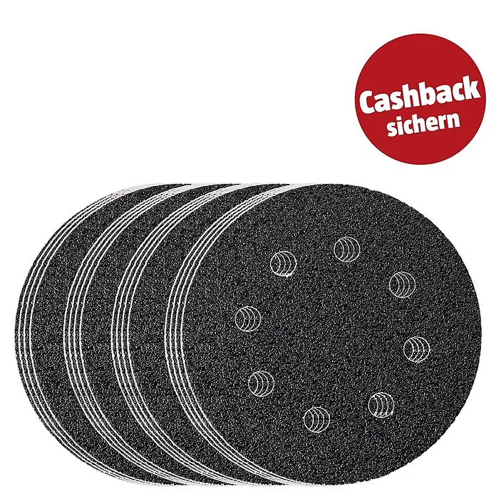 Fein Schleifblatt-Set - 115 mm, 16 Stk. - Stapel schwarzer Schleifscheiben mit mehreren Absauglöchern und einem roten 'Cashback sichern'-Sticker.