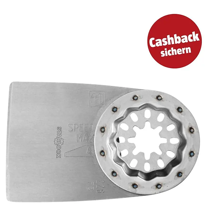 Fein Starlock Spachtel - Fest - Metallisches Multi-Tool-Blatt mit Starlock-Aufnahme, sternförmigem Antriebssystem und rotem "Cashback sichern" Aufkleber.