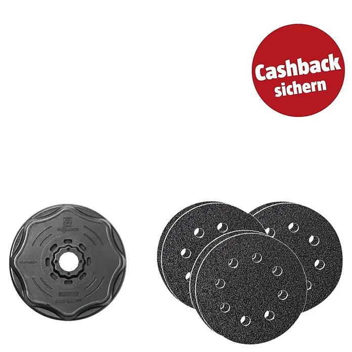 Fein Starlock Plus Schleifteller-Set - Durchmesser: 115 mm, 7 -tlg. - Dunkelgraues Schleifteller mit Sternform-Zentrum und mehrere schwarze Schleifscheiben.