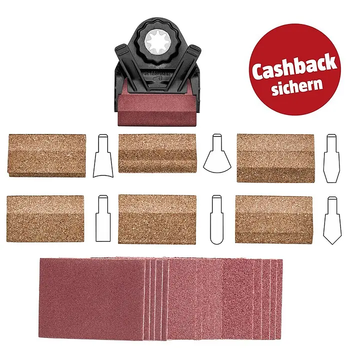 Fein Starlock Plus Profil-Schleif-Set - 22 -tlg. - Multifunktionales Schleifset: schwarzer Schleifkopf mit rotem Pad, Korkblöcke, rote Schleifblätter, verschiedene Schleifpad-Umrisse und roter 'Cashback' Aufkleber.
