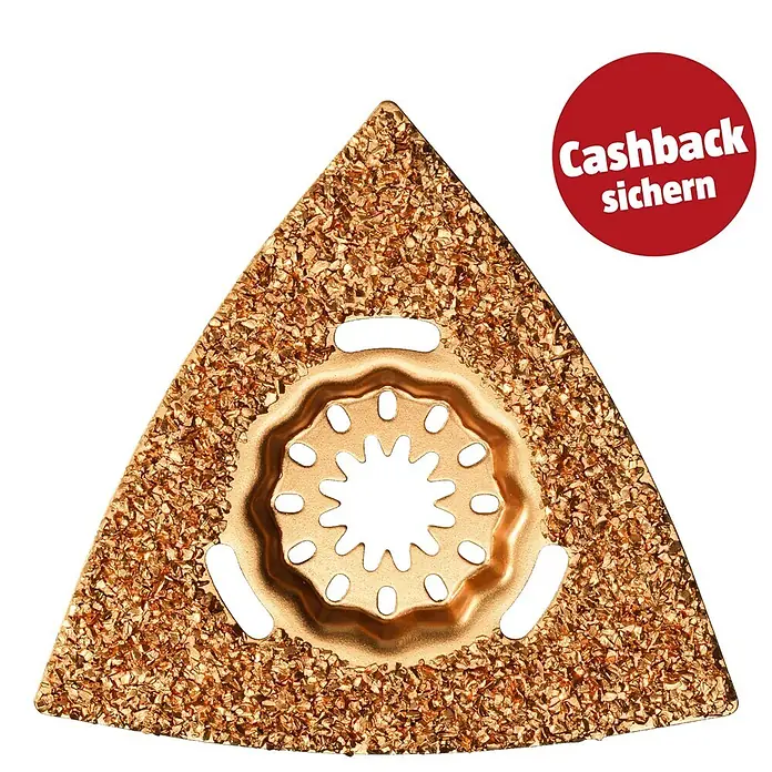 Fein Starlock Hartmetall-Raspel - Breite: 80 mm - Dreieckiges goldenes Schleifpad mit Schleiffläche und sternförmiger Werkzeugaufnahme.